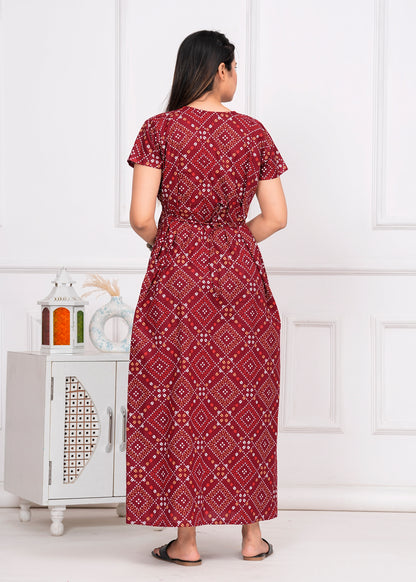 Giada Maroon Embroidered Cotton Printed Nightdress