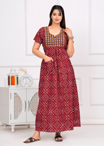 Giada Maroon Embroidered Cotton Printed Nightdress