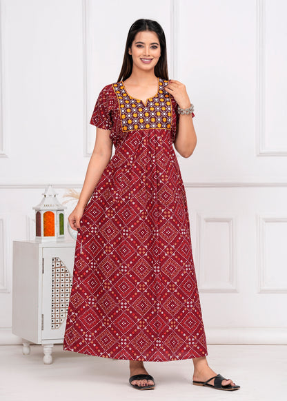 Giada Maroon Embroidered Cotton Printed Nightdress