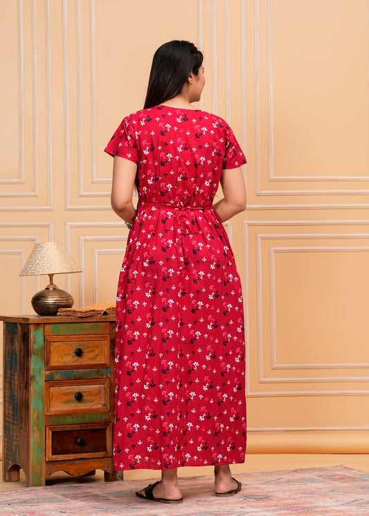 Aurora Red Embroidered Cotton Printed Nightdress