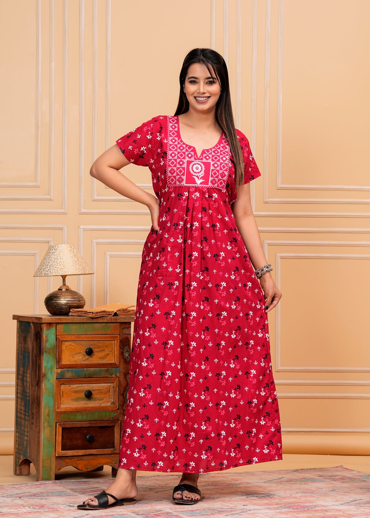 Aurora Red Embroidered Cotton Printed Nightdress