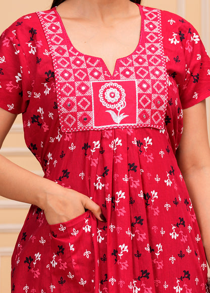 Aurora Red Embroidered Cotton Printed Nightdress