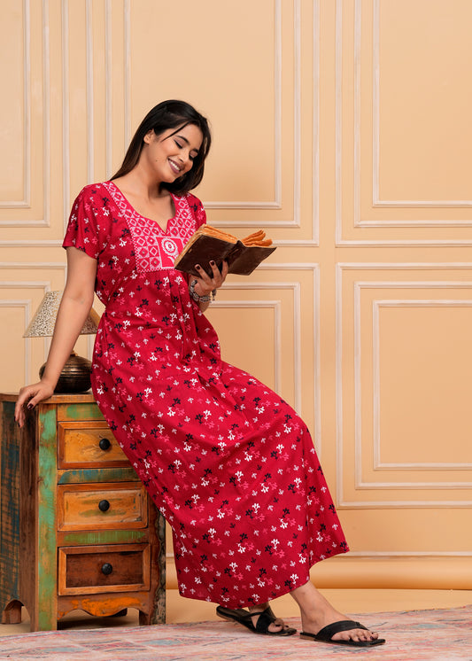 Aurora Red Embroidered Cotton Printed Nightdress
