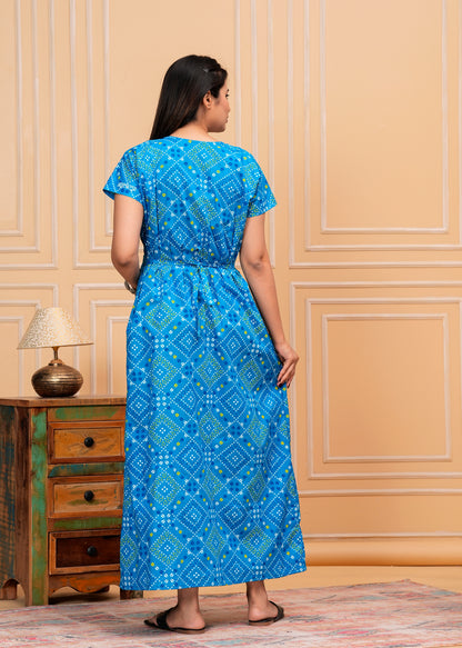 Vittoria Sky Blue Embroidered Cotton Printed Nightdress