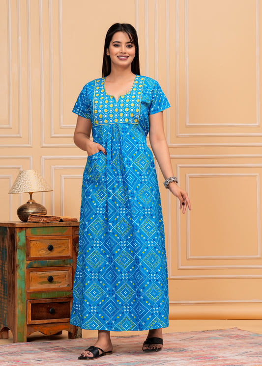 Vittoria Sky Blue Embroidered Cotton Printed Nightdress