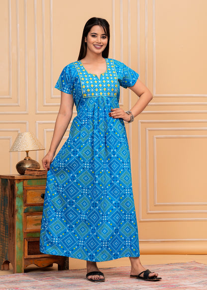 Vittoria Sky Blue Embroidered Cotton Printed Nightdress