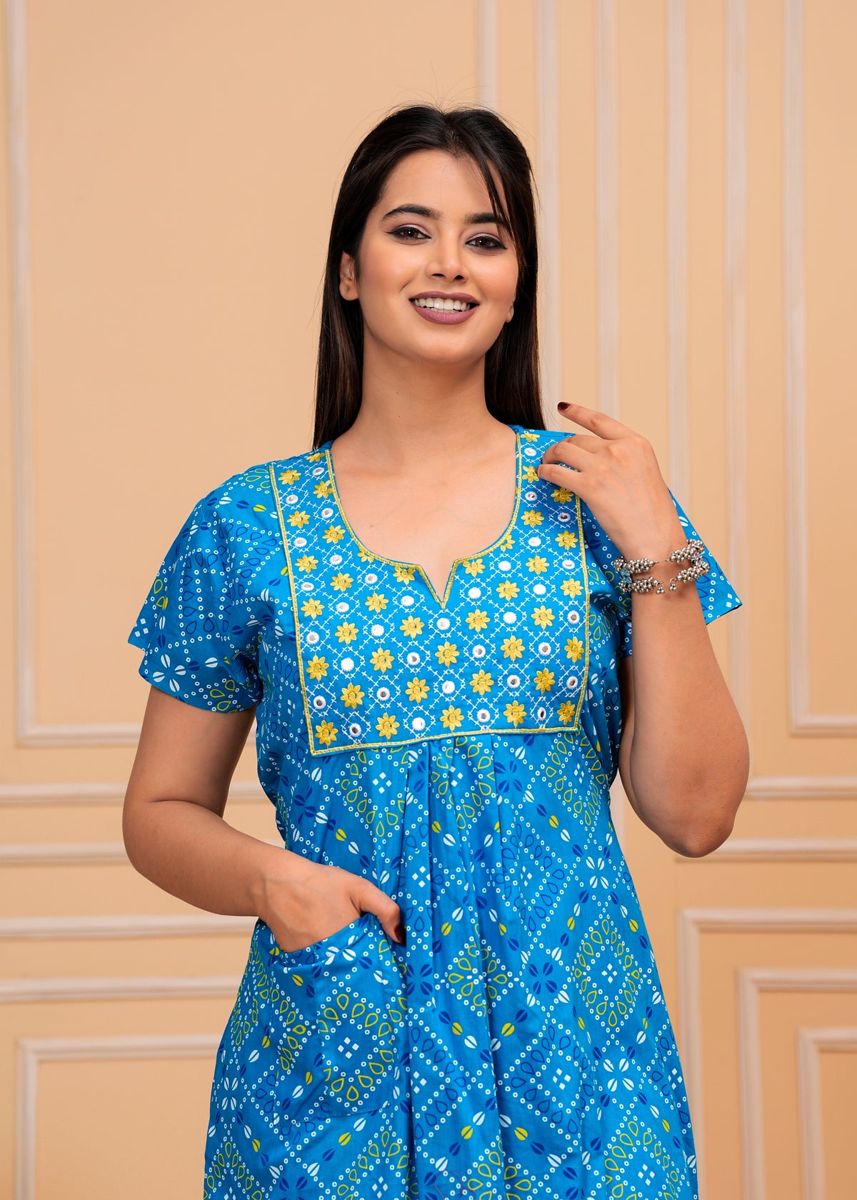 Vittoria Sky Blue Embroidered Cotton Printed Nightdress
