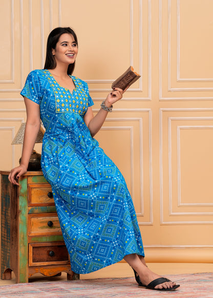Vittoria Sky Blue Embroidered Cotton Printed Nightdress