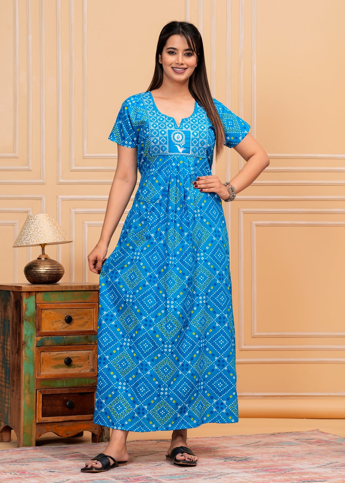 Noor Aqua Blue Embroidered Cotton Printed Nightdress