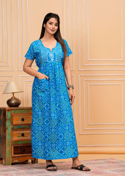 Noor Aqua Blue Embroidered Cotton Printed Nightdress