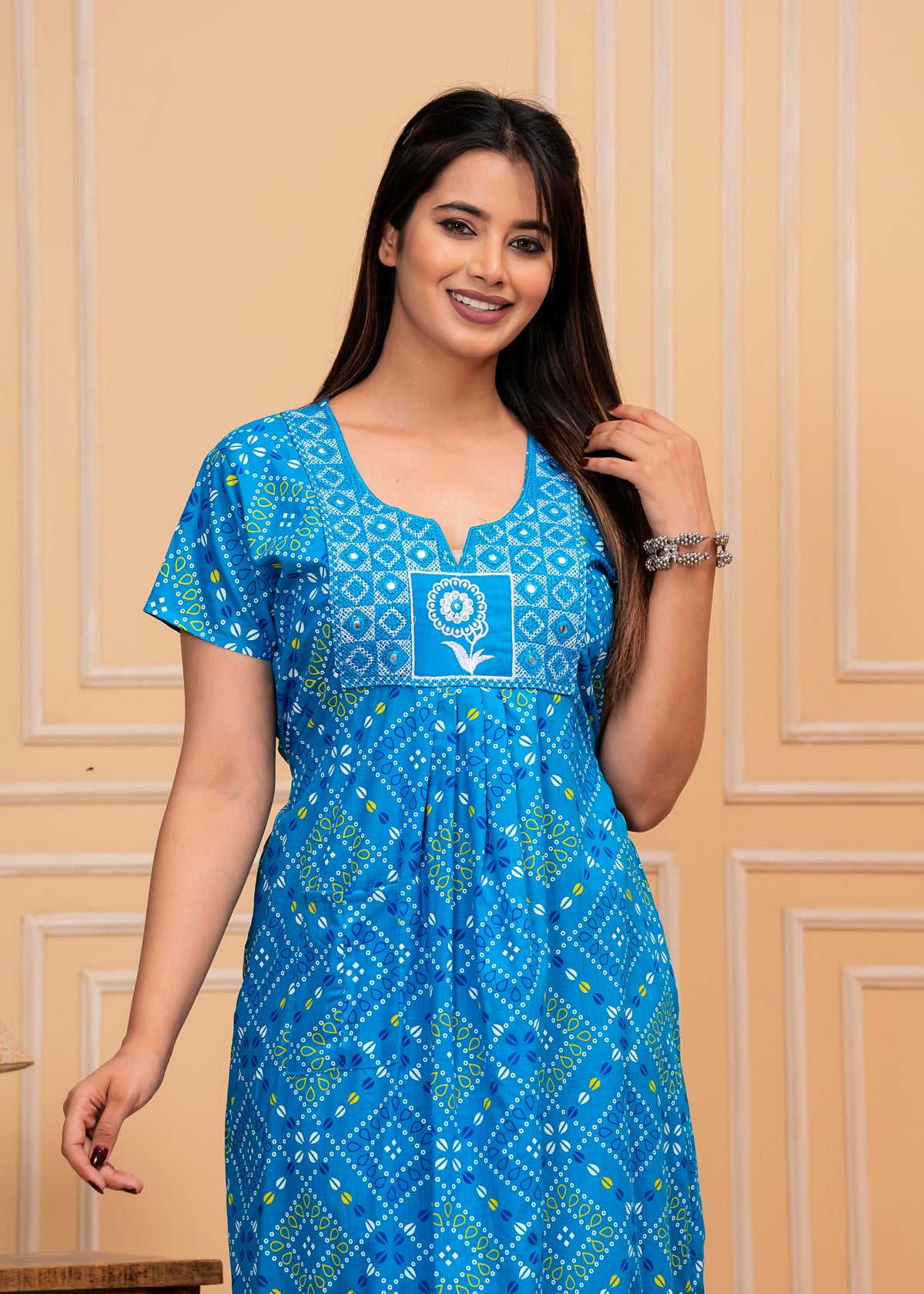 Noor Aqua Blue Embroidered Cotton Printed Nightdress