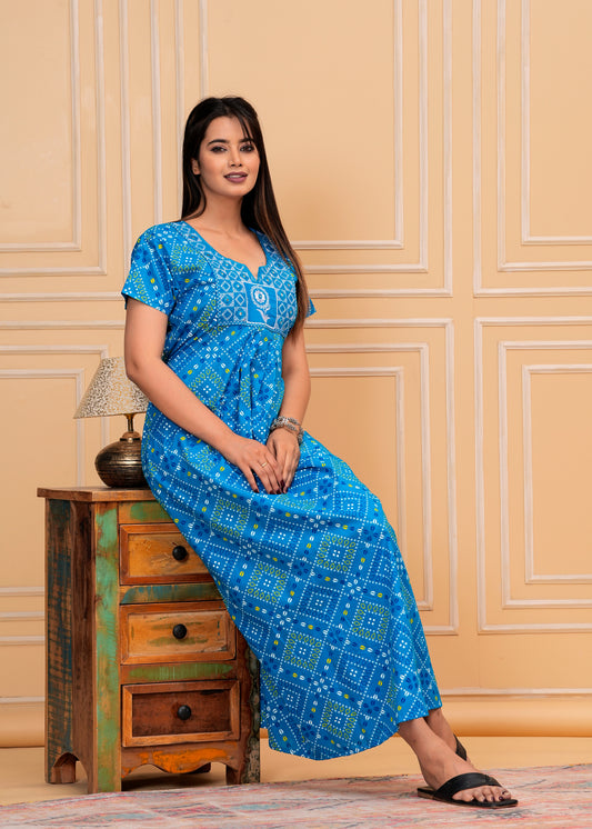 Noor Aqua Blue Embroidered Cotton Printed Nightdress