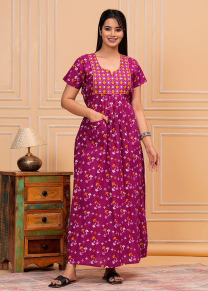 Tokyo Purple Embroidered Cotton Printed Nightdress