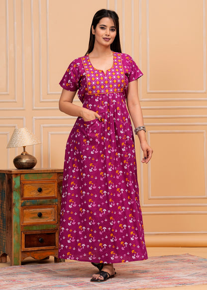 Tokyo Purple Embroidered Cotton Printed Nightdress