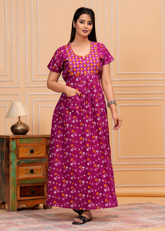 Tokyo Purple Embroidered Cotton Printed Nightdress
