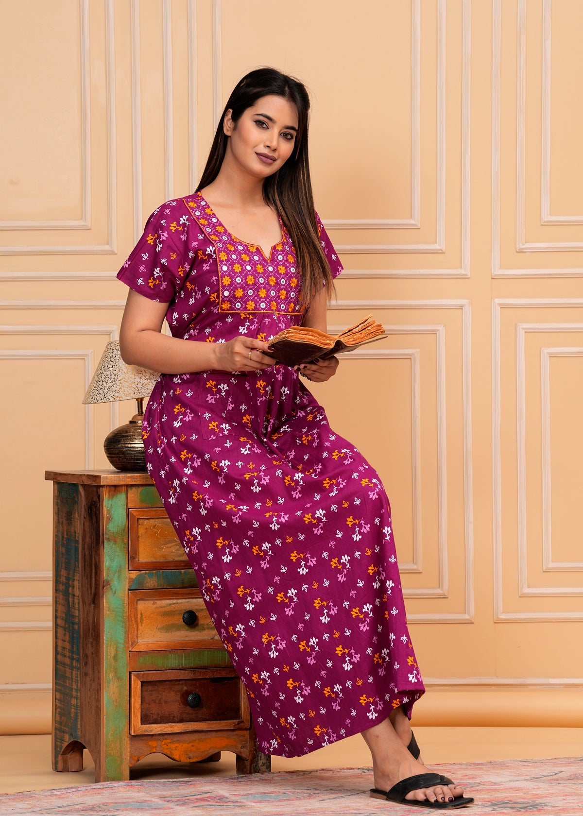 Tokyo Purple Embroidered Cotton Printed Nightdress