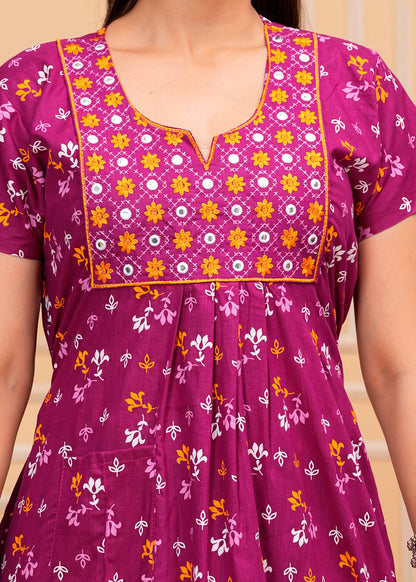 Tokyo Purple Embroidered Cotton Printed Nightdress