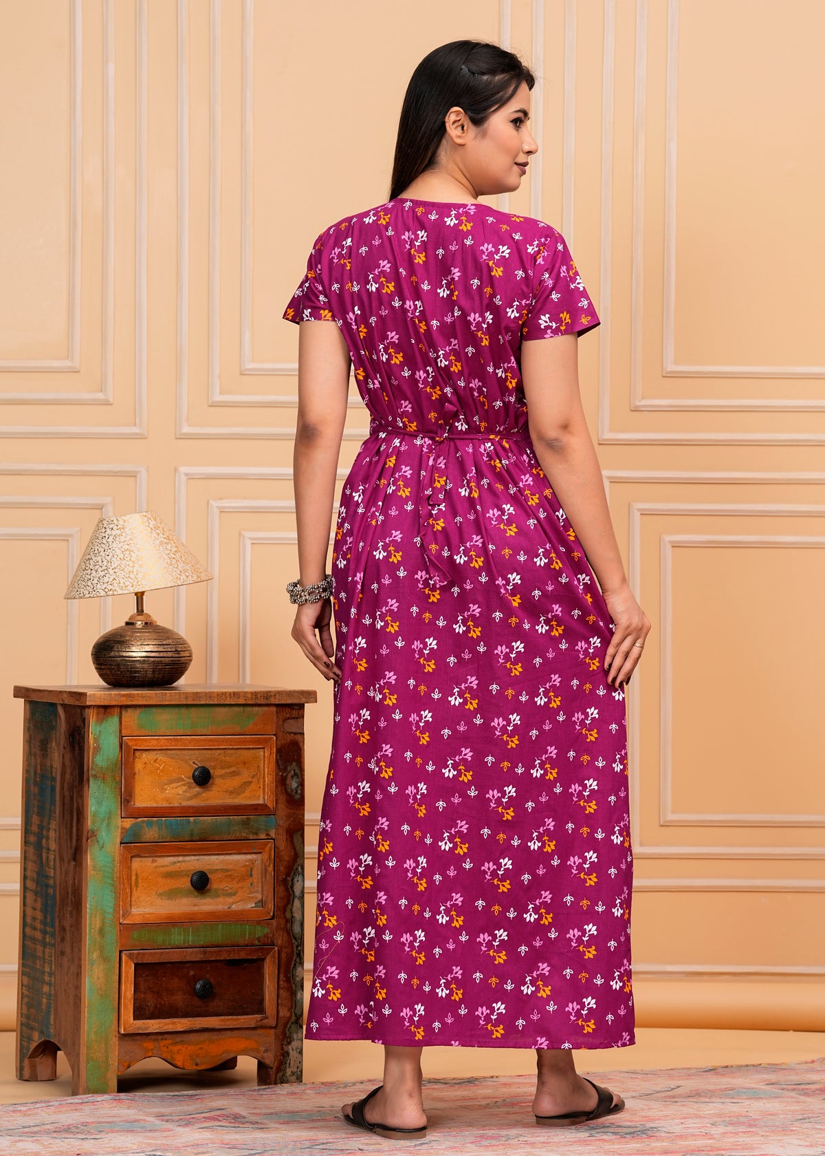 Guilia Purple Embroidered Cotton Printed Nightdress