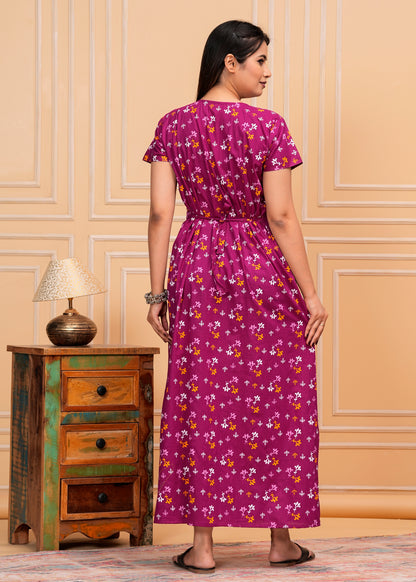 Guilia Purple Embroidered Cotton Printed Nightdress