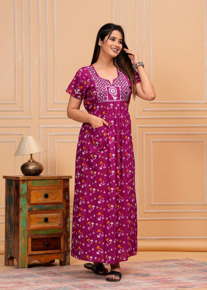 Guilia Purple Embroidered Cotton Printed Nightdress