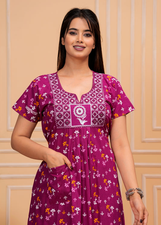 Guilia Purple Embroidered Cotton Printed Nightdress