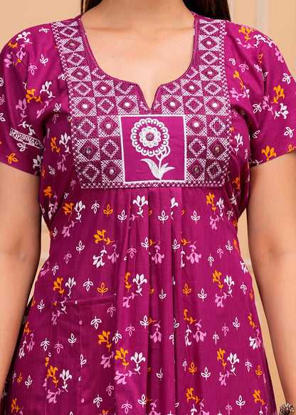 Guilia Purple Embroidered Cotton Printed Nightdress