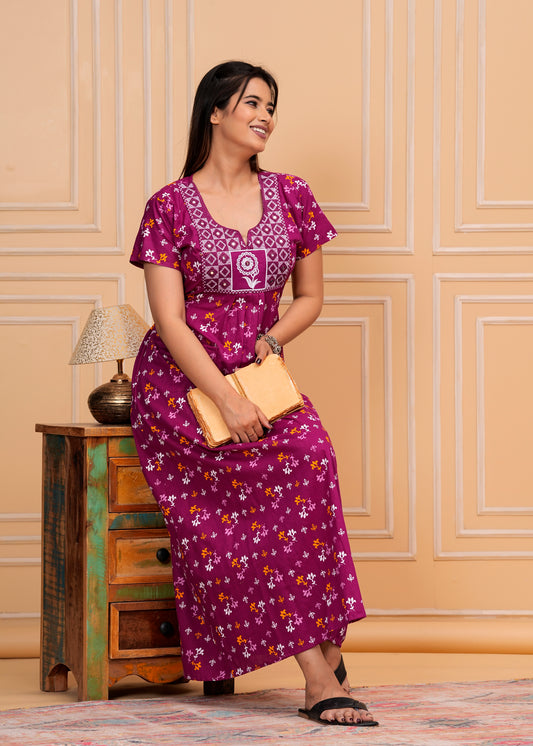Guilia Purple Embroidered Cotton Printed Nightdress
