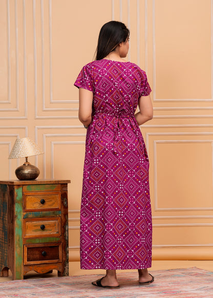 Celeste Purple Embroidered Cotton Printed Nightdress