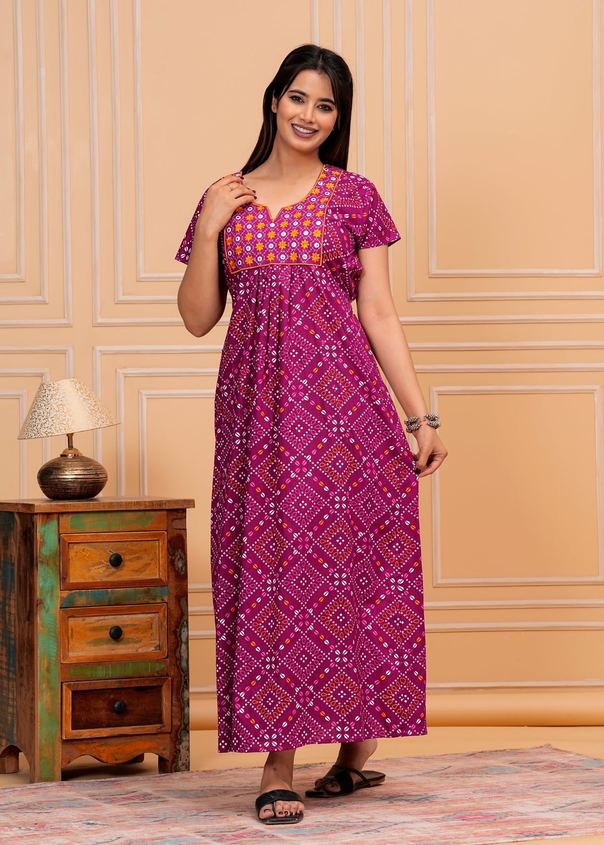 Celeste Purple Embroidered Cotton Printed Nightdress