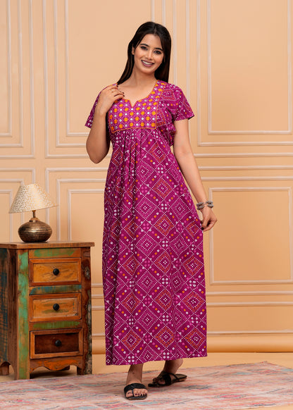 Celeste Purple Embroidered Cotton Printed Nightdress