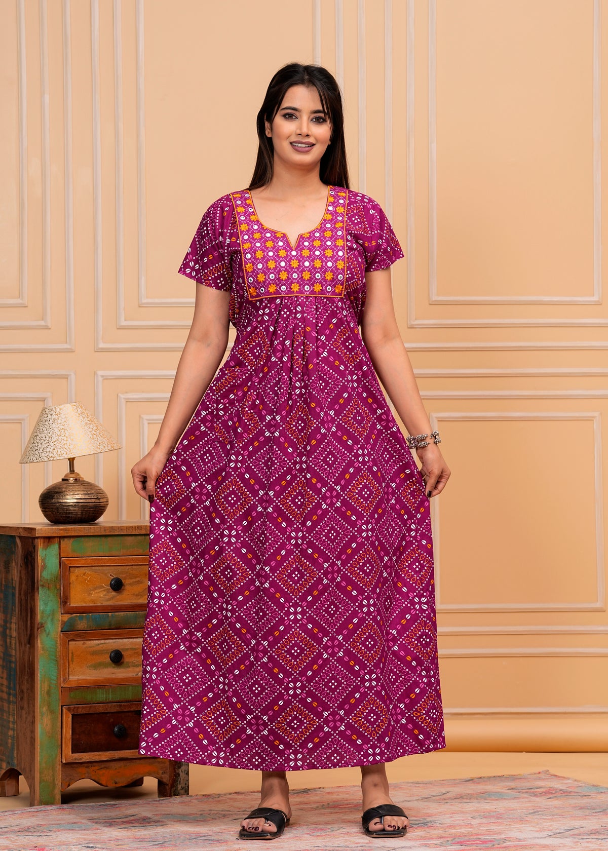 Celeste Purple Embroidered Cotton Printed Nightdress