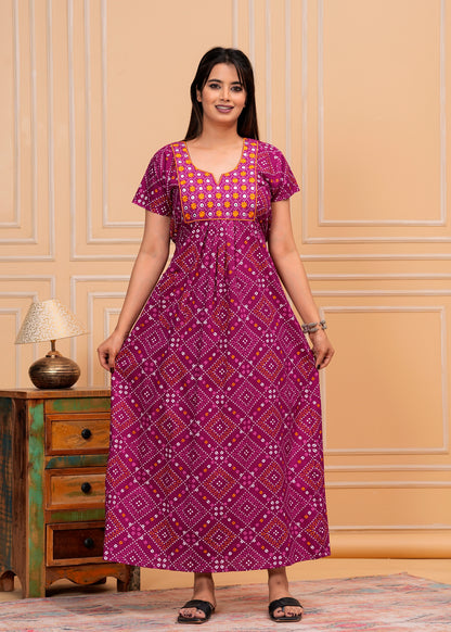 Celeste Purple Embroidered Cotton Printed Nightdress