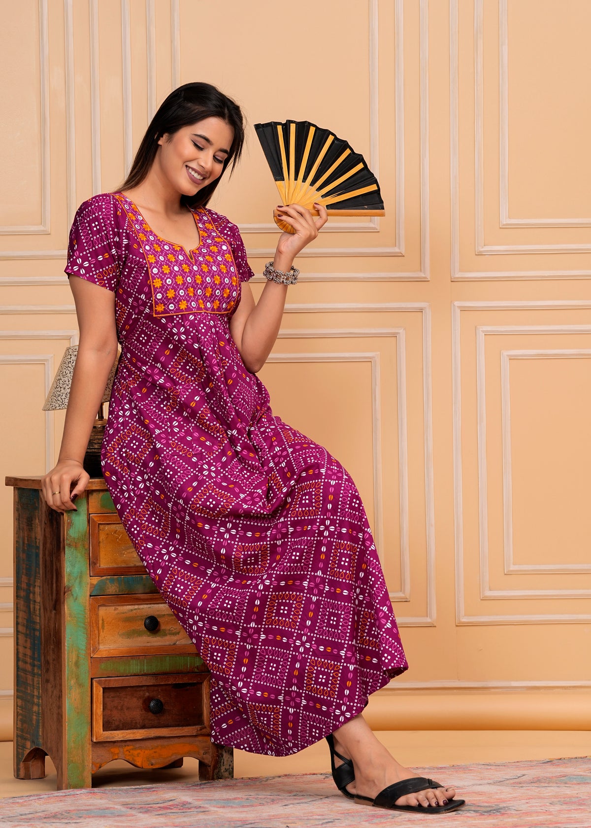 Celeste Purple Embroidered Cotton Printed Nightdress