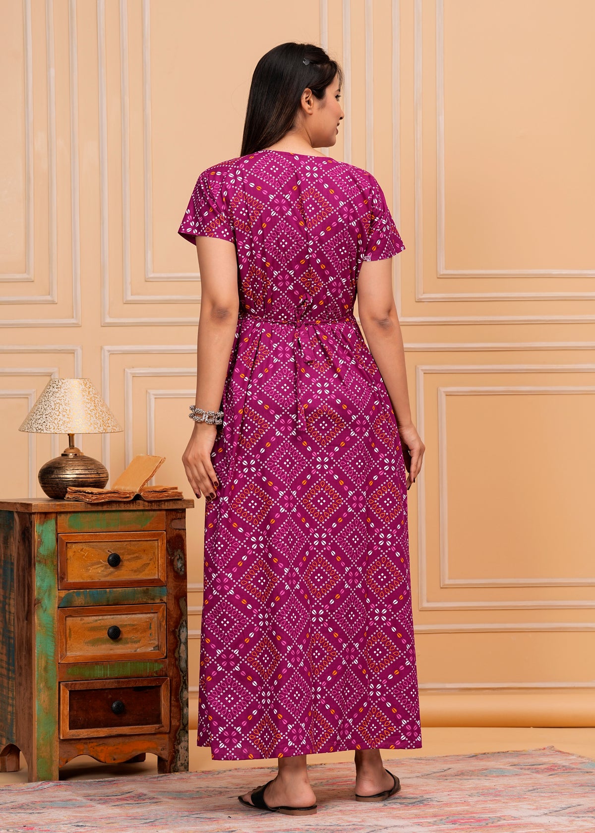 Liana Purple Embroidered Cotton Printed Nightdress