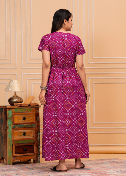 Liana Purple Embroidered Cotton Printed Nightdress