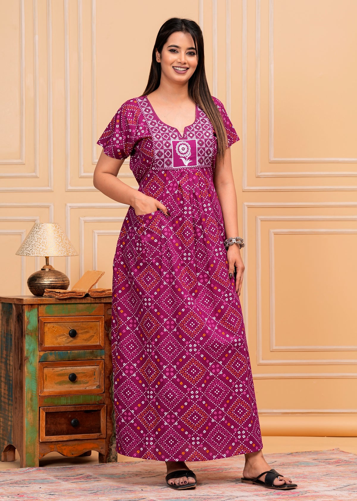 Liana Purple Embroidered Cotton Printed Nightdress