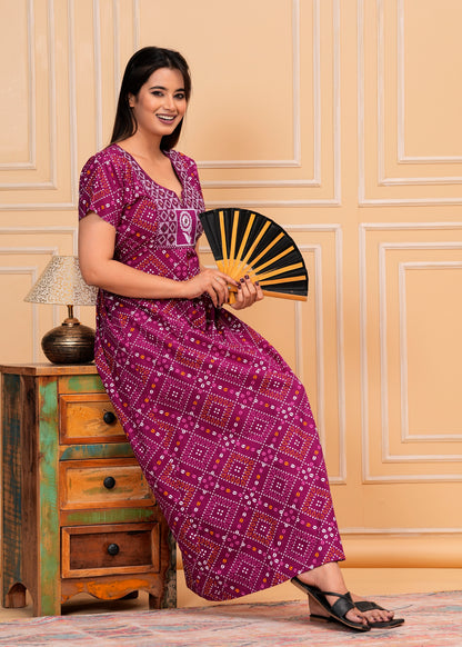 Liana Purple Embroidered Cotton Printed Nightdress