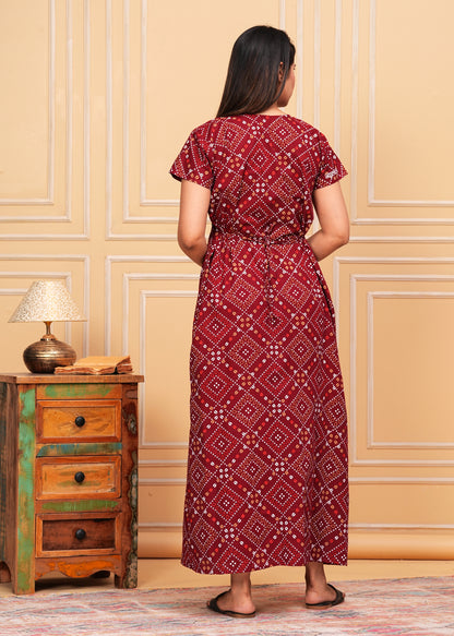Élodie Maroon Embroidered Cotton Printed Nightdress