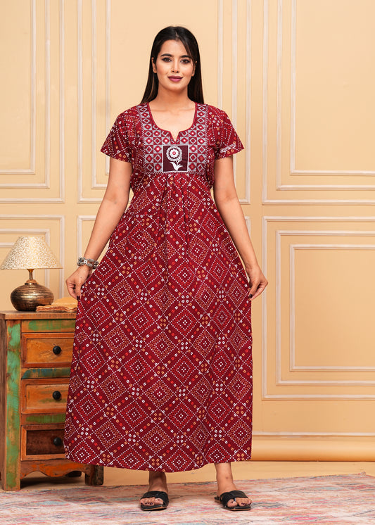 Élodie Maroon Embroidered Cotton Printed Nightdress