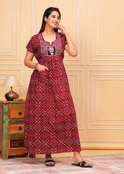 Élodie Maroon Embroidered Cotton Printed Nightdress