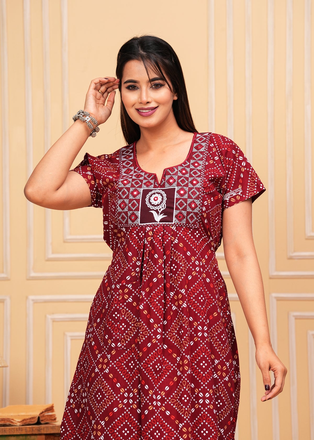 Élodie Maroon Embroidered Cotton Printed Nightdress