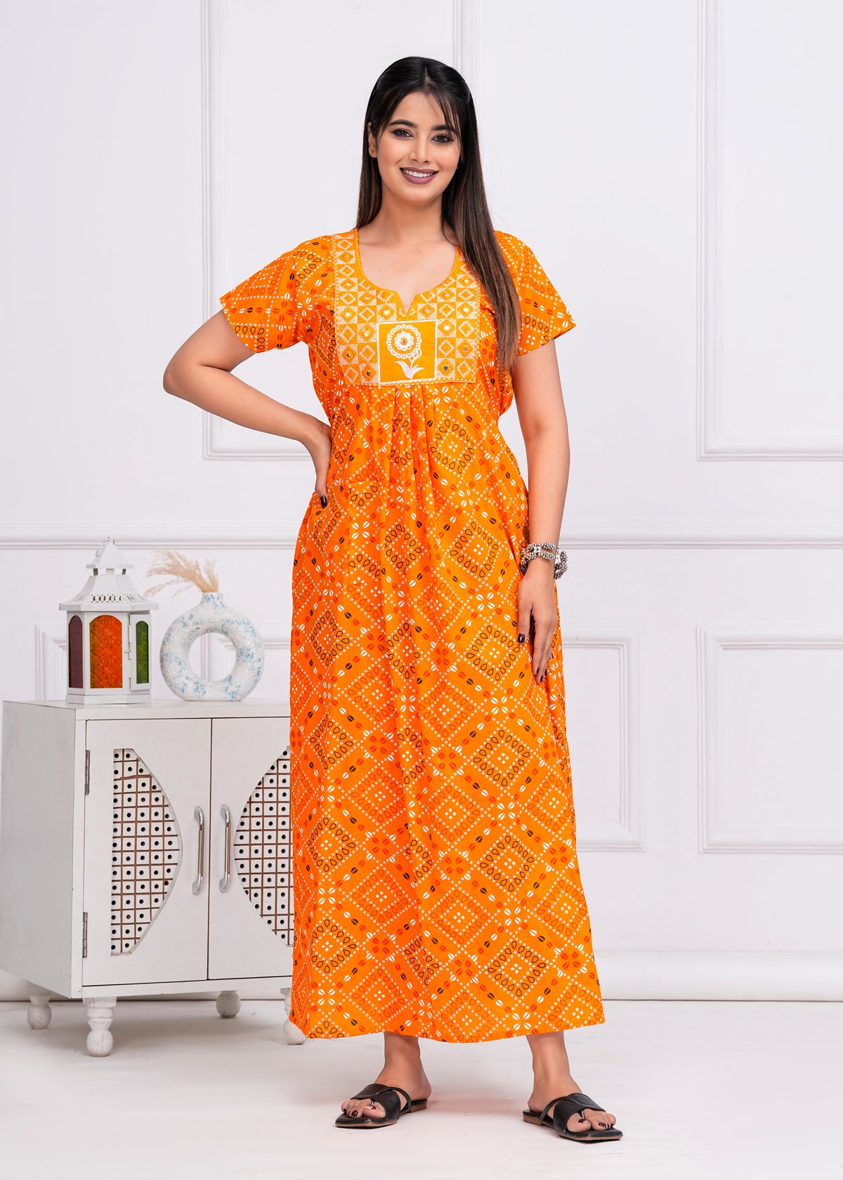 Solana Yellow Embroidered Cotton Printed Nightdress