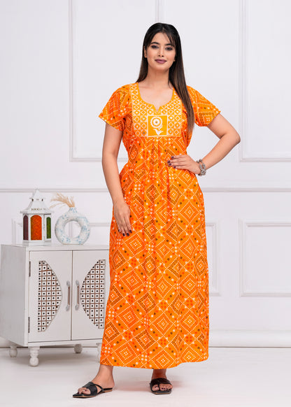 Solana Yellow Embroidered Cotton Printed Nightdress