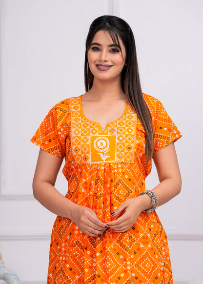 Solana Yellow Embroidered Cotton Printed Nightdress