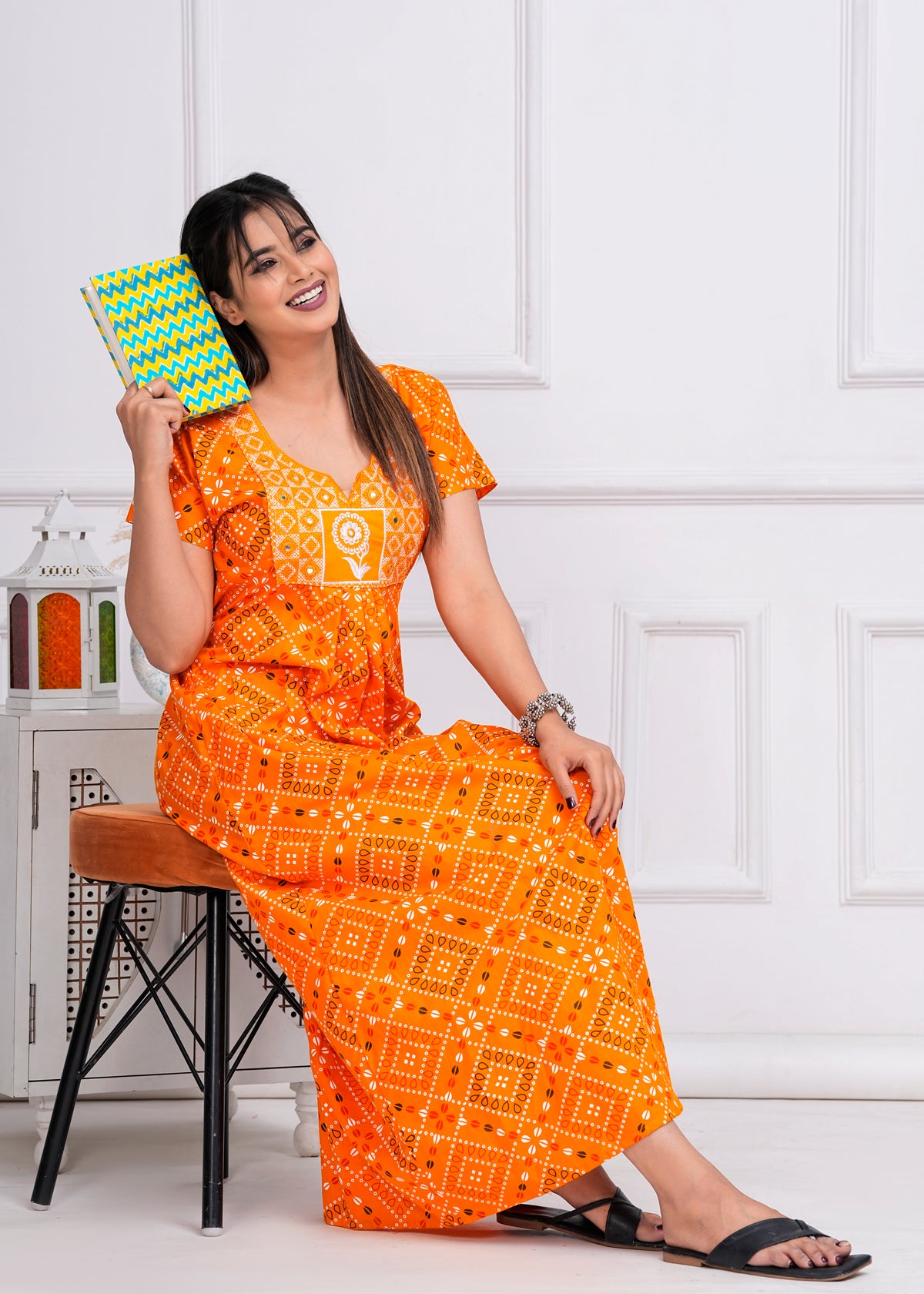Solana Yellow Embroidered Cotton Printed Nightdress