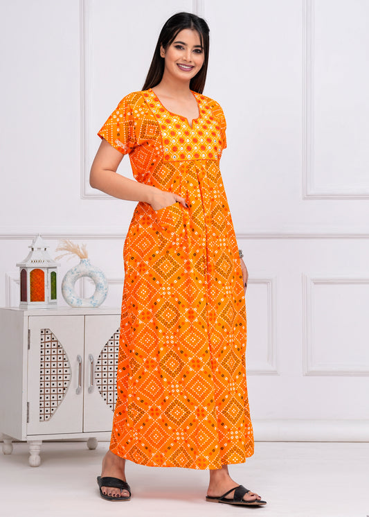 Reneta Yellow Embroidered Cotton Printed Nightdress