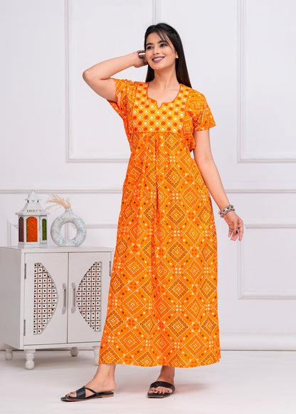 Reneta Yellow Embroidered Cotton Printed Nightdress