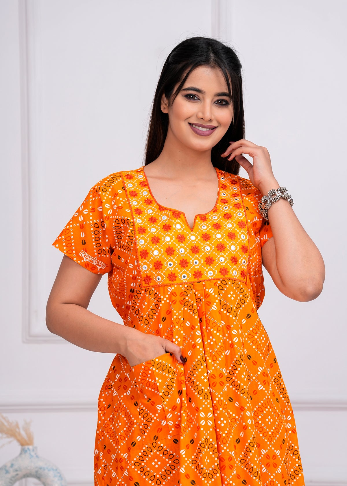 Reneta Yellow Embroidered Cotton Printed Nightdress