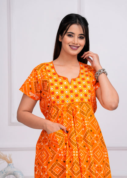 Reneta Yellow Embroidered Cotton Printed Nightdress