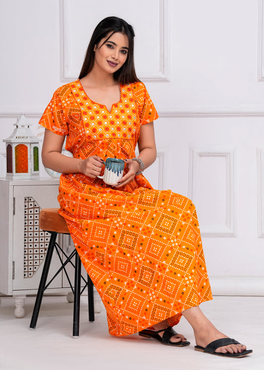 Reneta Yellow Embroidered Cotton Printed Nightdress